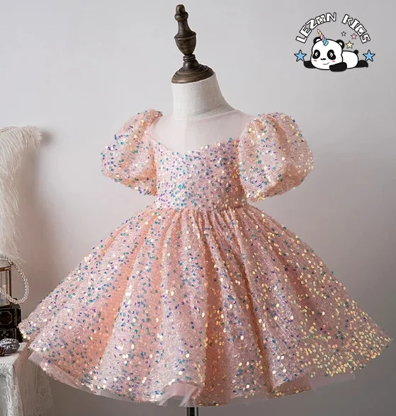LEZONKIDS - Vestido Princesa Lantejoulas Personalizado para Meninas, Vestido de Festa de Aniversário, Vestido de Noiva para Crianças